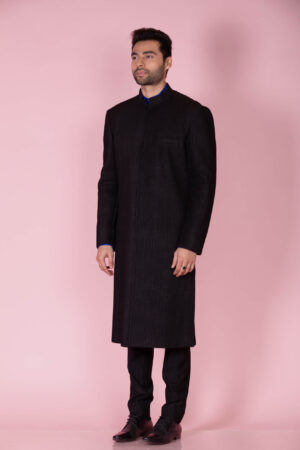 Black pleated silk sherwani