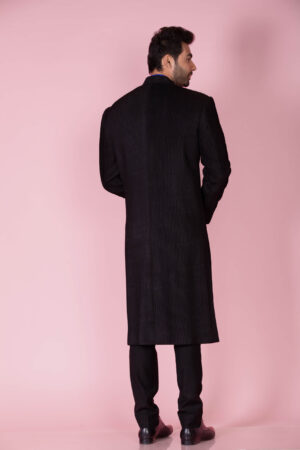 Black pleated silk sherwani