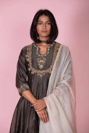 Embroidered Anarkali with Dupatta and Trousers