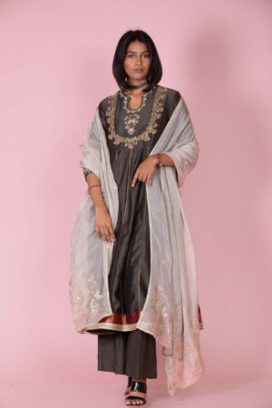 Embroidered Anarkali with Dupatta and Trousers