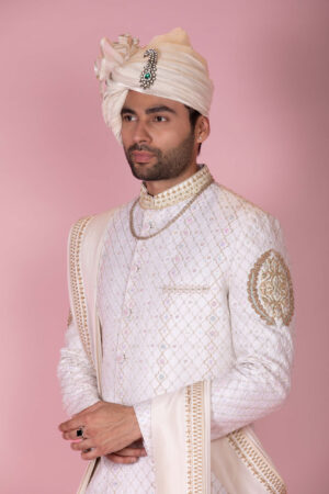 Raw Silk Aari & Katdana Embroidered Sherwani
