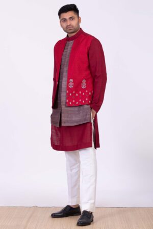 Red Embroidered Panelled Angarkha with Kurta Set