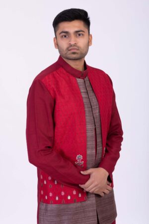 Red Embroidered Panelled Angarkha with Kurta Set