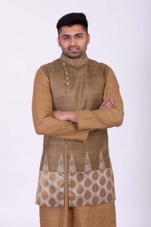 Beige Khaki Overlap Angarkha with Kurta Set