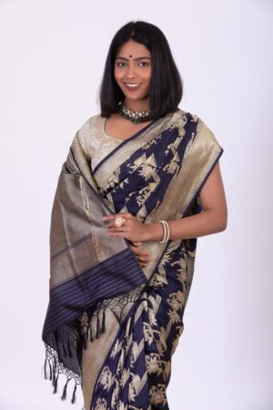 Handwoven Navy Silk Sari