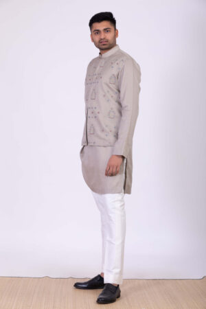 Grey Embroidered Bundi with Kurta Set