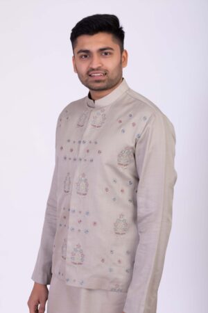 Grey Embroidered Bundi with Kurta Set