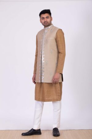 Beige Embroidered Mirror Bundi with Kurta Set