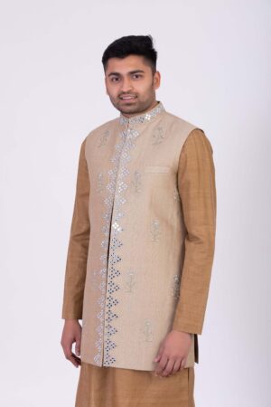 Beige Embroidered Mirror Bundi with Kurta Set
