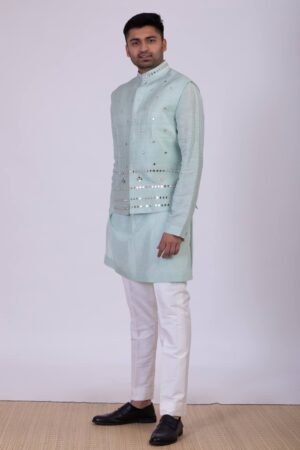 Cyan Blue Mirror Bundi with Kurta Set