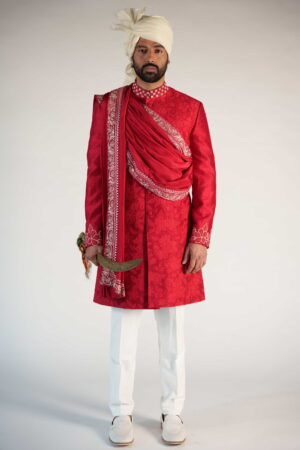 Red Silk Applique Sherwani
