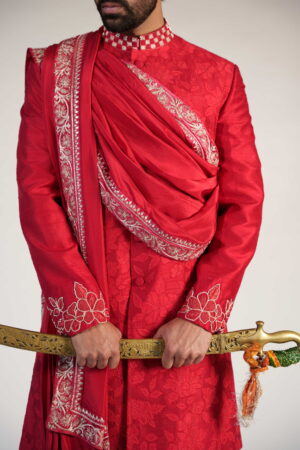 Red Silk Applique Sherwani