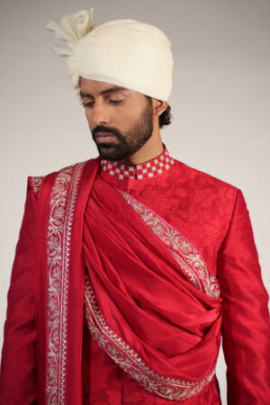 Red Silk Applique Sherwani