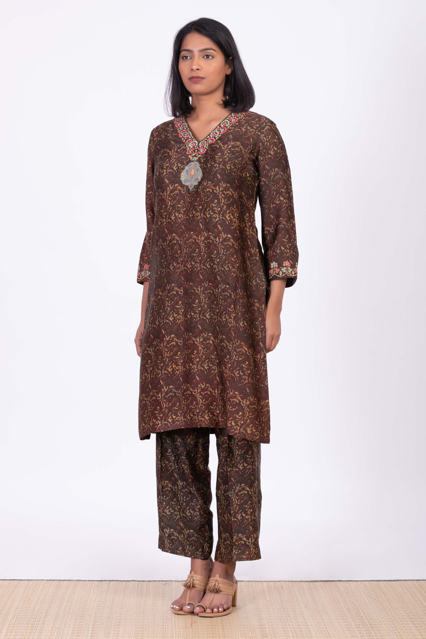 Brown floral kurta with pants  set of two by Desi Doree  The Secret Label